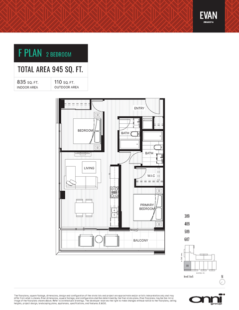 Floor plan for 2 beds, 2 baths, 836 sqft